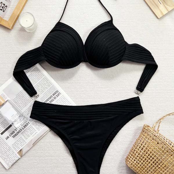 YY6119 BIKINI.jpgF black Solid Crop Bikini Set