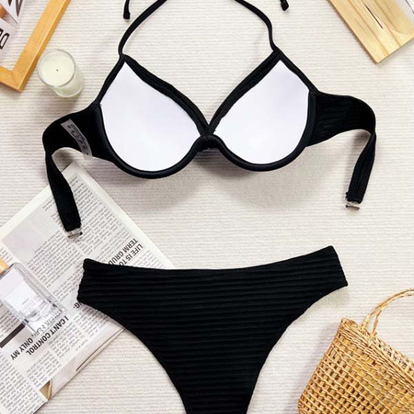 YY6119 BIKINI.jpgG black Solid Crop Bikini Set